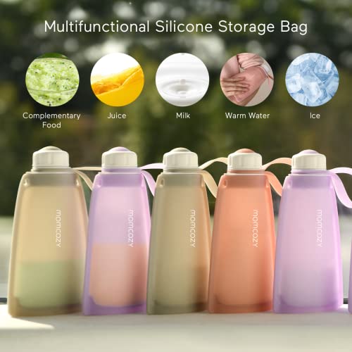 No Leak Momcozy Silicone Breastmilk Storage Bags, Reusable Breastmilk Freezer Storing Bags for Breastfeeding, 8.5oz/250ml Breast Milk Saver, Leakproof Baby Food Pouches, BPA Free (Gray, 5pcs)