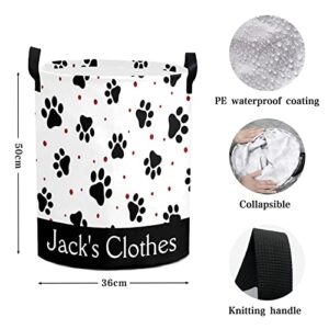 Dog Paw Personalized Freestanding Laundry Hamper, Custom Waterproof Collapsible Drawstring Basket Storage Bins with Handle for Clothes