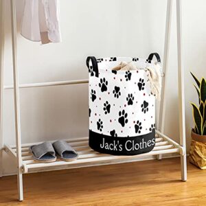 Dog Paw Personalized Freestanding Laundry Hamper, Custom Waterproof Collapsible Drawstring Basket Storage Bins with Handle for Clothes