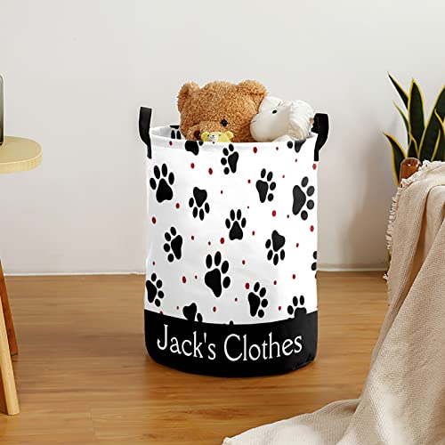 Dog Paw Personalized Freestanding Laundry Hamper, Custom Waterproof Collapsible Drawstring Basket Storage Bins with Handle for Clothes