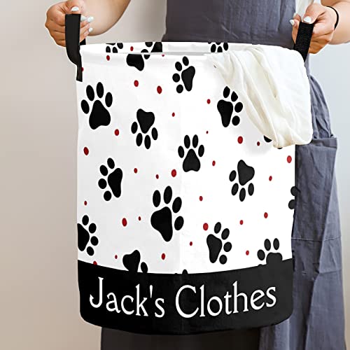 Dog Paw Personalized Freestanding Laundry Hamper, Custom Waterproof Collapsible Drawstring Basket Storage Bins with Handle for Clothes
