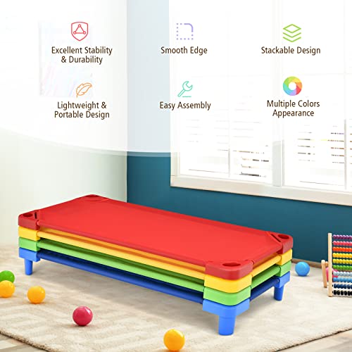 KOTEK Stackable Sleeping Daycare Cots for Kids, Portable Toddler Nap Cots, 52" L x 23" W, Ready-to-Assemble, Space-Saving Children Naptime Cot for Classroom Preschool (Set of 4)