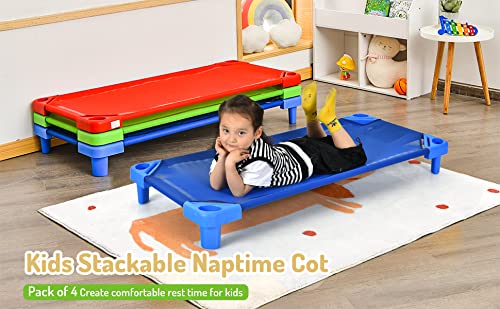 KOTEK Stackable Sleeping Daycare Cots for Kids, Portable Toddler Nap Cots, 52" L x 23" W, Ready-to-Assemble, Space-Saving Children Naptime Cot for Classroom Preschool (Set of 4)