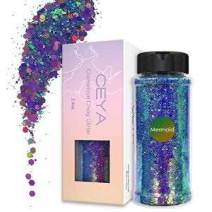 ceya chameleon chunky glitter, 2.8oz/ 80g mermaid color shift craft glitter powder color changing iridescent flake sequin for epoxy resin, nail, tumbler, slime, phone case, party decor, jewelry making