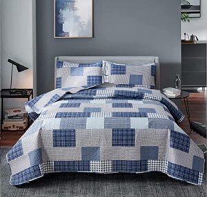 bedspread set queen/full size plaid quilt bedding queen grey blue patchwork modern lightweight quilt bedspread home reversible coverlet-soft polyester 3 piece quilt set collection