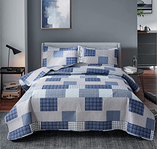 Bedspread Set Queen/Full Size Plaid Quilt Bedding Queen Grey Blue Patchwork Modern Lightweight Quilt Bedspread Home Reversible Coverlet-Soft Polyester 3 Piece Quilt Set Collection