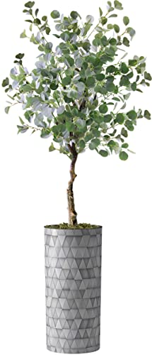 Artificial Tree in Modern Triangle Pattern Planter, Fake Eucalyptus Silk Tree for Indoor and Outdoor Home Decoration - 66" Overall Tall (Plant Pot Plus Tree)