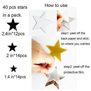 40PCS 3D Acrylic Mirror Silver Stars Wall Stickers with Adhesive Art Decal Wall Art Decor Baby Kids Bedroom Home DIY Decor Removable Stickers (Silver Stars)