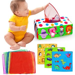 baby tissue box toy montessori toys for 6 7 8 9 12 months babies infant toys 0-6 6-12 month baby sensory toys magic tissue box with crinkle toys scarves developmental gift for 1 2 year old boys girls