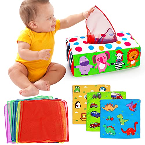 Baby Tissue Box Toy Montessori Toys for 6 7 8 9 12 Months Babies Infant Toys 0-6 6-12 Month Baby Sensory Toys Magic Tissue Box with Crinkle Toys Scarves Developmental Gift for 1 2 Year Old Boys Girls