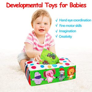 Baby Tissue Box Toy Montessori Toys for 6 7 8 9 12 Months Babies Infant Toys 0-6 6-12 Month Baby Sensory Toys Magic Tissue Box with Crinkle Toys Scarves Developmental Gift for 1 2 Year Old Boys Girls