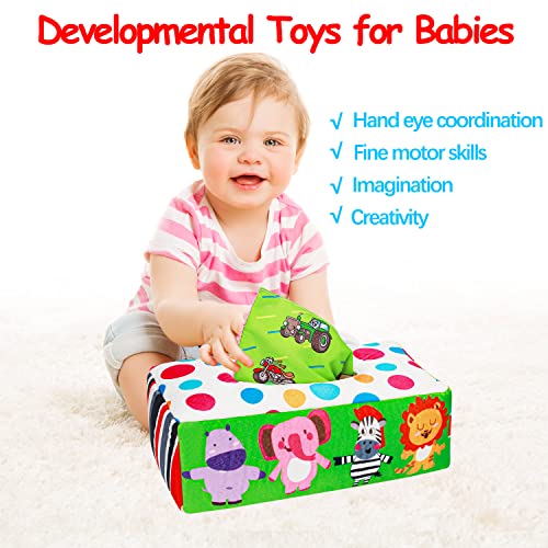 Baby Tissue Box Toy Montessori Toys for 6 7 8 9 12 Months Babies Infant Toys 0-6 6-12 Month Baby Sensory Toys Magic Tissue Box with Crinkle Toys Scarves Developmental Gift for 1 2 Year Old Boys Girls