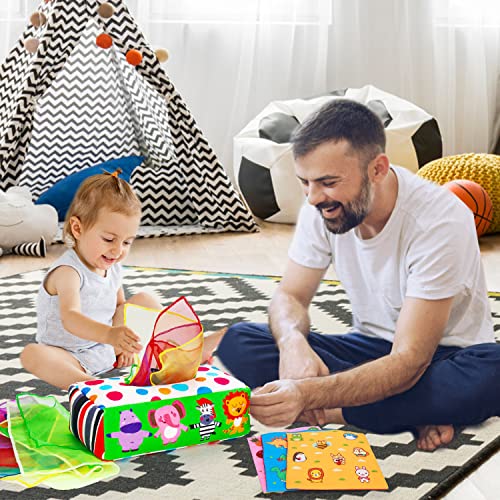 Baby Tissue Box Toy Montessori Toys for 6 7 8 9 12 Months Babies Infant Toys 0-6 6-12 Month Baby Sensory Toys Magic Tissue Box with Crinkle Toys Scarves Developmental Gift for 1 2 Year Old Boys Girls