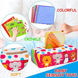 Baby Tissue Box Toy Montessori Toys for 6 7 8 9 12 Months Babies Infant Toys 0-6 6-12 Month Baby Sensory Toys Magic Tissue Box with Crinkle Toys Scarves Developmental Gift for 1 2 Year Old Boys Girls