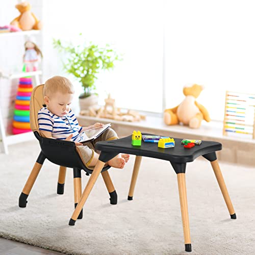 BABY JOY 5 in 1 High Chair, Convertible High Chairs for Babies and Toddlers/Booster Seat/Table and Chair Set, Infant Wooden Highchair w/ 5-Point Harness, 4-Position Removable Tray & PU Cushion, Coffee