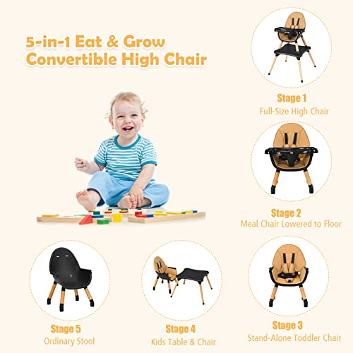 BABY JOY 5 in 1 High Chair, Convertible High Chairs for Babies and Toddlers/Booster Seat/Table and Chair Set, Infant Wooden Highchair w/ 5-Point Harness, 4-Position Removable Tray & PU Cushion, Coffee