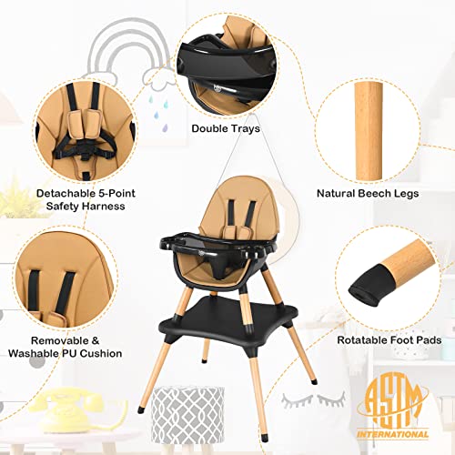 BABY JOY 5 in 1 High Chair, Convertible High Chairs for Babies and Toddlers/Booster Seat/Table and Chair Set, Infant Wooden Highchair w/ 5-Point Harness, 4-Position Removable Tray & PU Cushion, Coffee