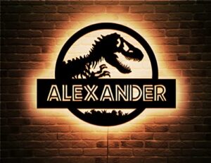 light up name sign for wall dinosaur - custom name jurassic wall art led light - personalized tyrannosaur t-rex wall decor - dinosaur wall art kids room bedroom neon multi color boys