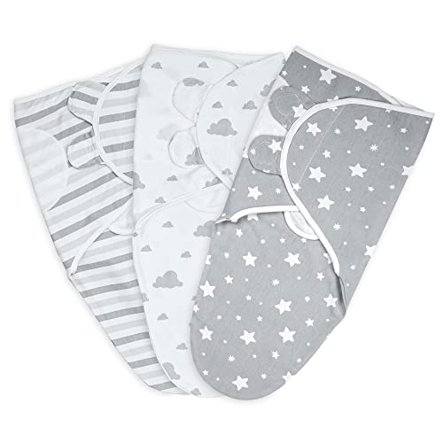 ikads Baby Swaddle 0-3 Months 100% Cotton Swaddles for Newborns - Small/Medium 3-Pack Wearable Baby Wrap Swaddle Blanket with Adjustable Hooks & Loop - Easy to Use Sleep Sack (Grey)