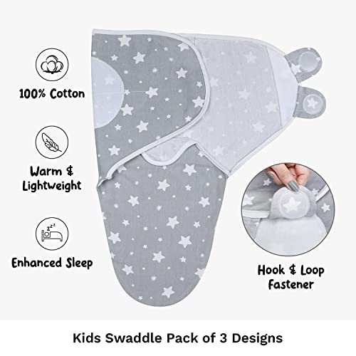 ikads Baby Swaddle 0-3 Months 100% Cotton Swaddles for Newborns - Small/Medium 3-Pack Wearable Baby Wrap Swaddle Blanket with Adjustable Hooks & Loop - Easy to Use Sleep Sack (Grey)