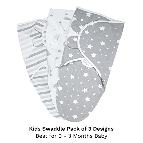 ikads Baby Swaddle 0-3 Months 100% Cotton Swaddles for Newborns - Small/Medium 3-Pack Wearable Baby Wrap Swaddle Blanket with Adjustable Hooks & Loop - Easy to Use Sleep Sack (Grey)