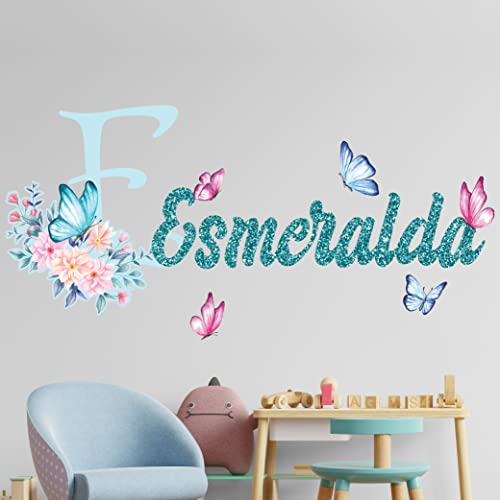 Kyle Cornhole Custom Name & Initial Letter Wall Decal - Flowers Butterfly Stickers for Girls Bedroom Flower WallPersonalized Room Baby Nursery Decals Butterflies ations Gold Letters, Green