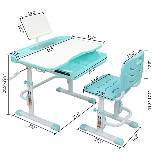 Desk and Chair Set Adjustable Height Desk Chair Writing Drawing Reading Tables with Drawer Storage Bookstand, Blue Green-A