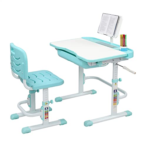 Desk and Chair Set Adjustable Height Desk Chair Writing Drawing Reading Tables with Drawer Storage Bookstand, Blue Green-A