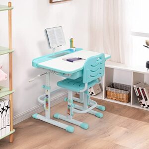 Desk and Chair Set Adjustable Height Desk Chair Writing Drawing Reading Tables with Drawer Storage Bookstand, Blue Green-A