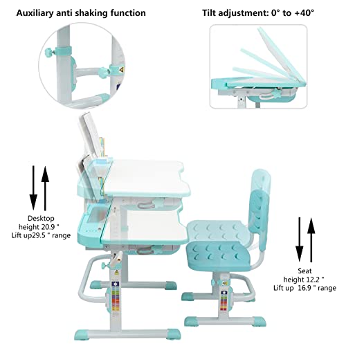 Desk and Chair Set Adjustable Height Desk Chair Writing Drawing Reading Tables with Drawer Storage Bookstand, Blue Green-A