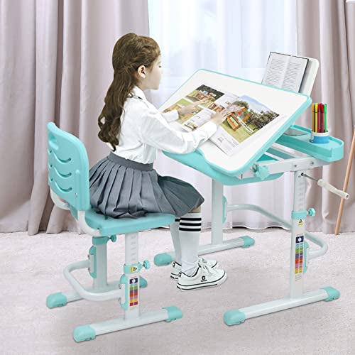 Desk and Chair Set Adjustable Height Desk Chair Writing Drawing Reading Tables with Drawer Storage Bookstand, Blue Green-A