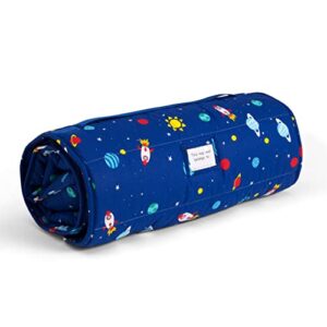 Delta Children Nap Mat with Included Pillow and Blanket for Toddlers and Kids; Features Carry Handle with Strap Closure and Name Tag; Rollup Design is Ideal for Preschool and Daycare, Space