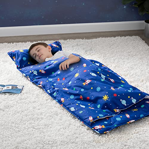 Delta Children Nap Mat with Included Pillow and Blanket for Toddlers and Kids; Features Carry Handle with Strap Closure and Name Tag; Rollup Design is Ideal for Preschool and Daycare, Space