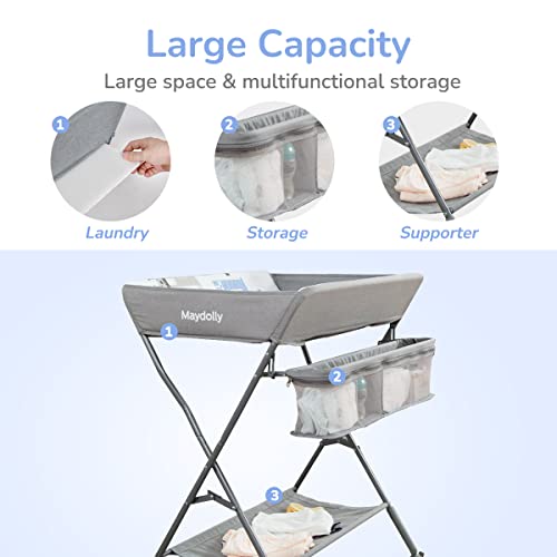 Baby Changing Table with Wheels, Maydolly Portable Adjustable Height Folding Diaper Station with Nursery Organizer & Storage Rack for Newborn Baby and Infant, Grey Pattern