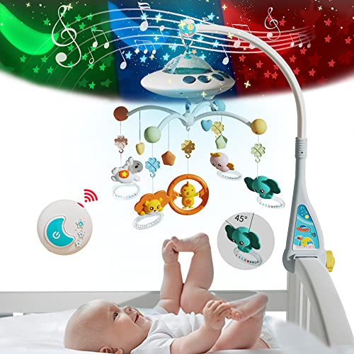 Lcasio Baby Musical Crib Mobile with Night Lights and Relaxing Music,Hanging Rotating Animals Rattles,Stars Projection,Remote Control,for Boy Girl Newborn Baby Toys（Blue）