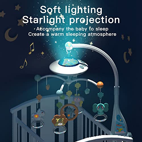 Lcasio Baby Musical Crib Mobile with Night Lights and Relaxing Music,Hanging Rotating Animals Rattles,Stars Projection,Remote Control,for Boy Girl Newborn Baby Toys（Blue）