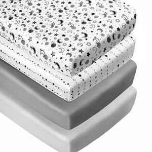 FIGEPO 4 Pack Star and Moon Neutral Unisex Fitted Baby Crib Sheets Set for Baby Boys or Girls (White)