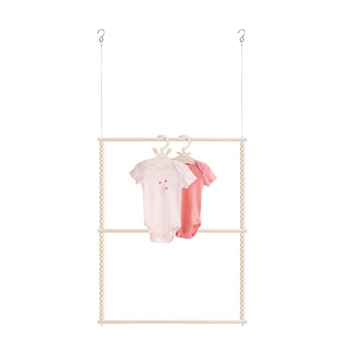 Navaris Baby Hanging Clothes Rack - Beaded Clothing Organizer for Nursery, Kids Room, Bedroom - Wood Bead 30" Hanger Rail with Ceiling Mount Hooks