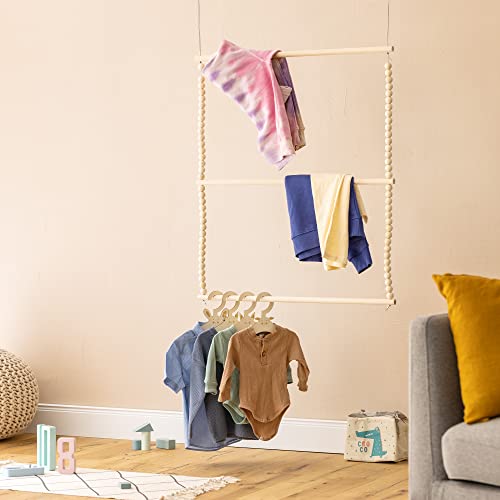 Navaris Baby Hanging Clothes Rack - Beaded Clothing Organizer for Nursery, Kids Room, Bedroom - Wood Bead 30" Hanger Rail with Ceiling Mount Hooks