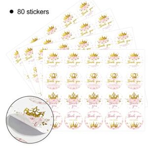 80 Little Princess Thank You Stickers, Gold Crown Birthday Party Stickers, Perfect for Girls Baby Shower Birthday Party Favors (2 Inch)