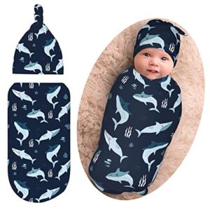 sharks ocean baby stuff newborn swaddle blanket animal baby wrap receiving blanket soft sleep sacks with beanie hat sets gifts for infant boy girl baby shower