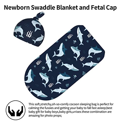 Sharks Ocean Baby Stuff Newborn Swaddle Blanket Animal Baby Wrap Receiving Blanket Soft Sleep Sacks with Beanie Hat Sets Gifts for Infant Boy Girl Baby Shower