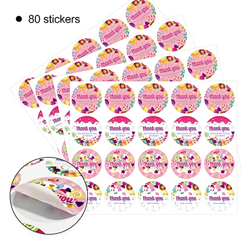 80 Candy Themed Thank You Stickers, Candyland Birthday Party Favor Label Decorations (2 Inch)