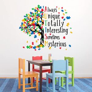 mfault autism awareness day inspirational sign wall decal sticker, positive puzzle piece tree colorful nursery classroom decoration baby bedroom art, autistic spectrum motivational kid room decor gift