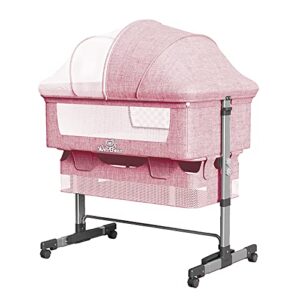 napfox baby bassinet, bedside sleeper,foldable baby bed to bed, adjustable portable bed for infant/baby/newborn,with mosquito nets, large storage bag, comfortable mattresses, lockable wheels(pink)