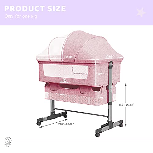 Napfox Baby Bassinet, Bedside Sleeper,Foldable Baby Bed to Bed, Adjustable Portable Bed for Infant/Baby/Newborn,with Mosquito Nets, Large Storage Bag, Comfortable Mattresses, Lockable Wheels(Pink)