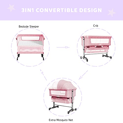 Napfox Baby Bassinet, Bedside Sleeper,Foldable Baby Bed to Bed, Adjustable Portable Bed for Infant/Baby/Newborn,with Mosquito Nets, Large Storage Bag, Comfortable Mattresses, Lockable Wheels(Pink)