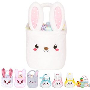 bunny easter basket for kids, cute plush empty bucket with foldable ears and handle egg hunt tote candy bag basket for boy girl teens gift, easter basket decor white 9×9 inch