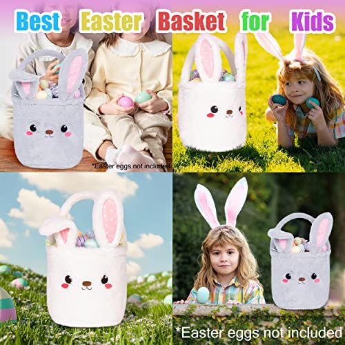 Bunny Easter Basket for Kids, Cute Plush Empty Bucket with Foldable Ears and Handle Egg Hunt Tote Candy Bag Basket for Boy Girl Teens Gift, Easter Basket Decor White 9×9 Inch