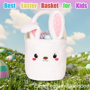 Bunny Easter Basket for Kids, Cute Plush Empty Bucket with Foldable Ears and Handle Egg Hunt Tote Candy Bag Basket for Boy Girl Teens Gift, Easter Basket Decor White 9×9 Inch